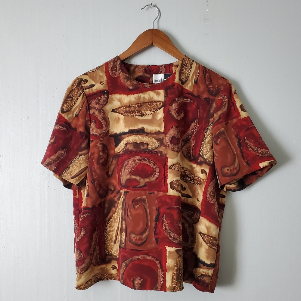 Vintage | 90s Abstract Multi-colored Casual Short Sleeve Blouse Top